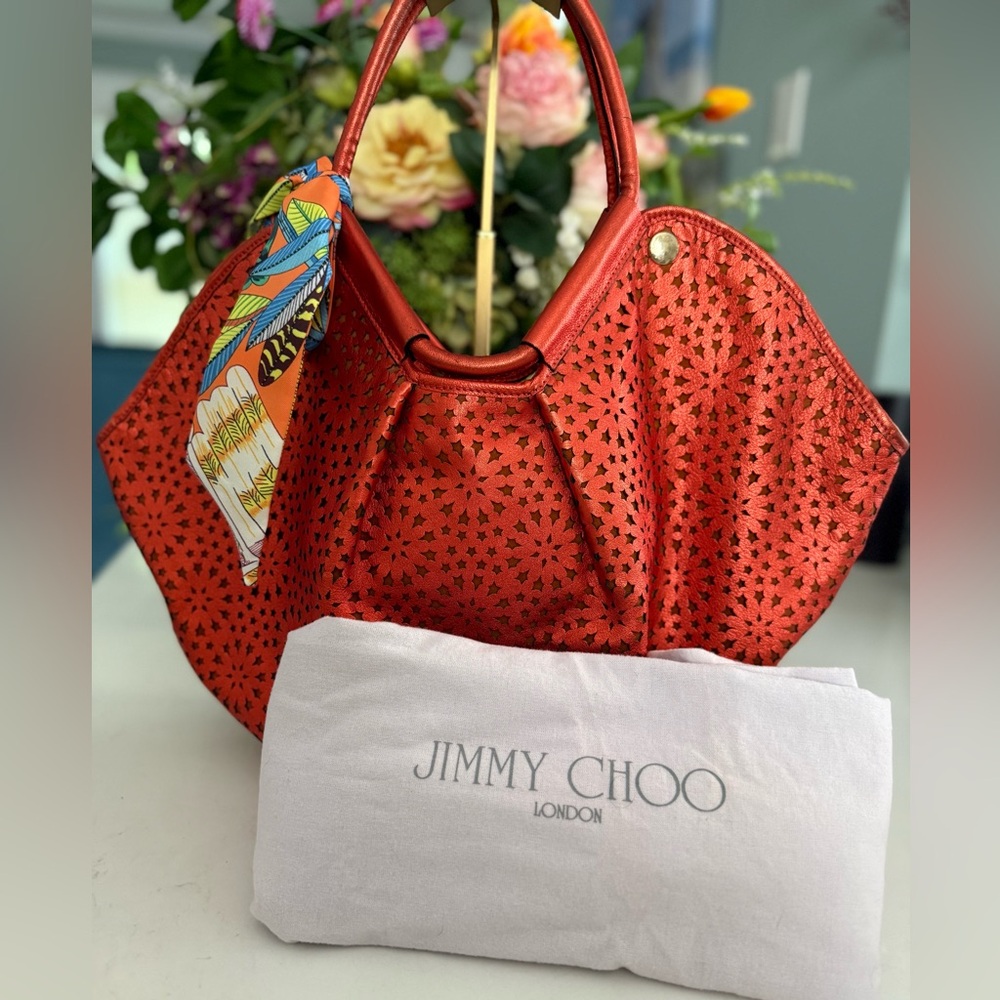 JIMMY CHOO BEAUTIFUL Laser Cut Red Leather Shoulder Bag w/dust bag ~ EUC